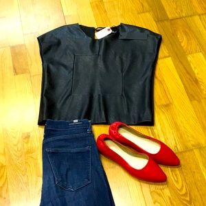 NWT Valerie Dumaine Black Faux Leather Top szS